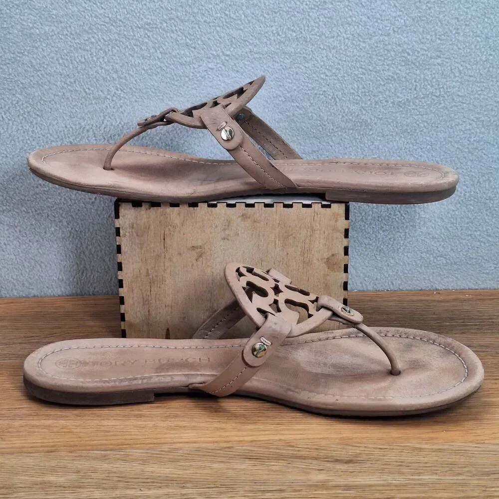 Tory Burch Miller Thong Sandals Women 10.5 Tan Beige Leather Logo Flip Flops